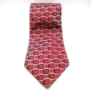 Vintage Men's Tie Burma Bibas Red Beige Geometric Square Pattern All Silk Tie